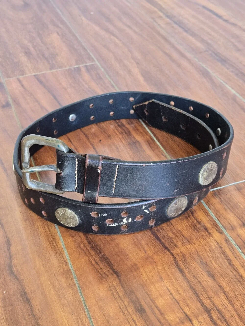 Vintage Armani Distressed Brown Leather Belt Western Grunge Metal Stud Accents